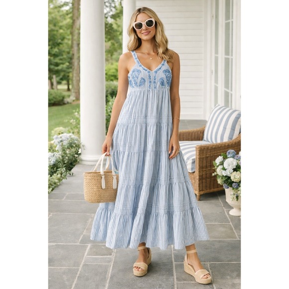 Ro's Garden Dresses & Skirts - Ro's Garden Women's Tiered Striped Maxi Dress‎ Embroidered V-Neck Blue- Size XS